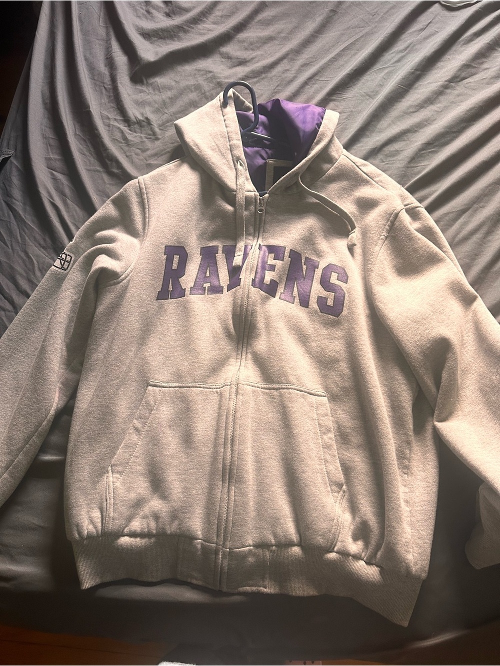 NFL Ravens Gray Zip-Up Hoodie with Purple Lining